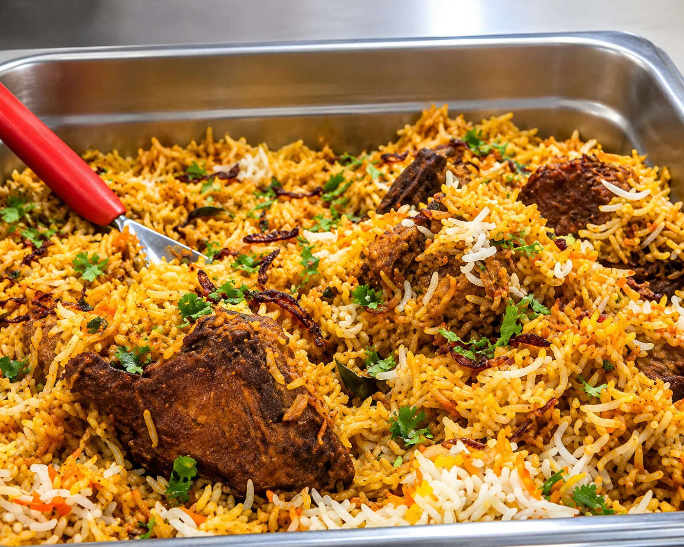 Tray of biryani with pieces of meat and fresh coriander